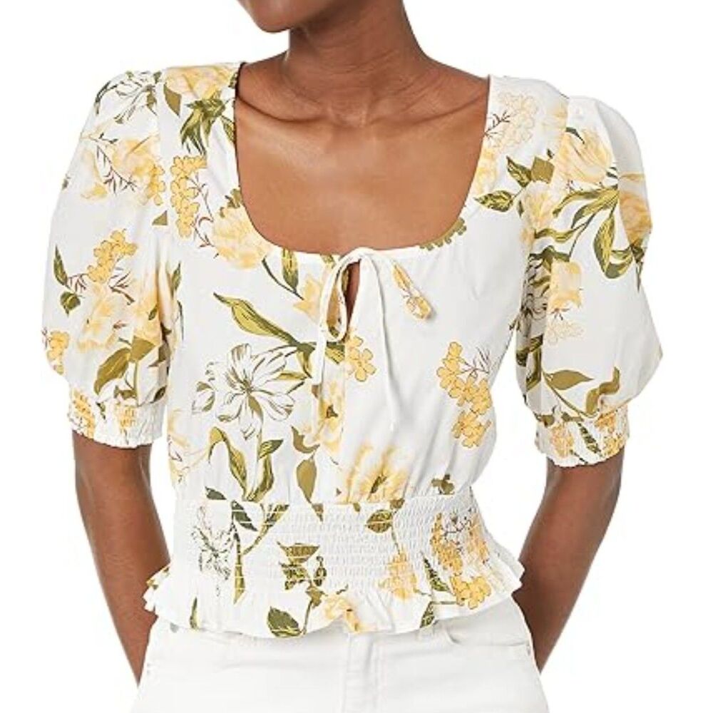 BB Dakota Sweet Memory Yellow Smocked Floral Crop Top w/ Puff Sleeves Sz L